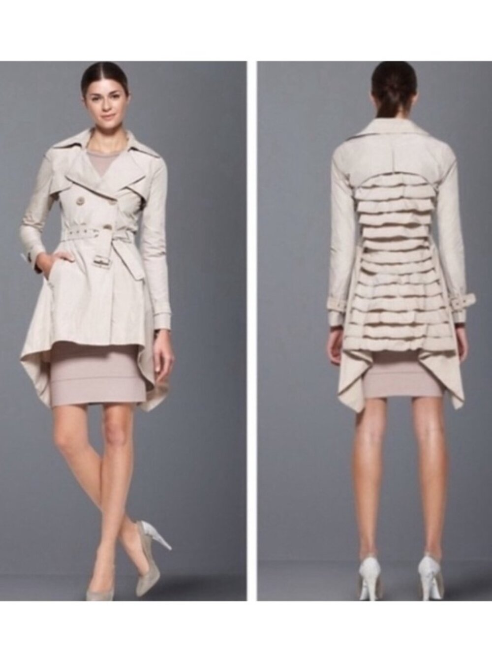 BCBG MaxAzria Ophelia Ruffle Back Asymmetrical Hem Trench Rain Coat S